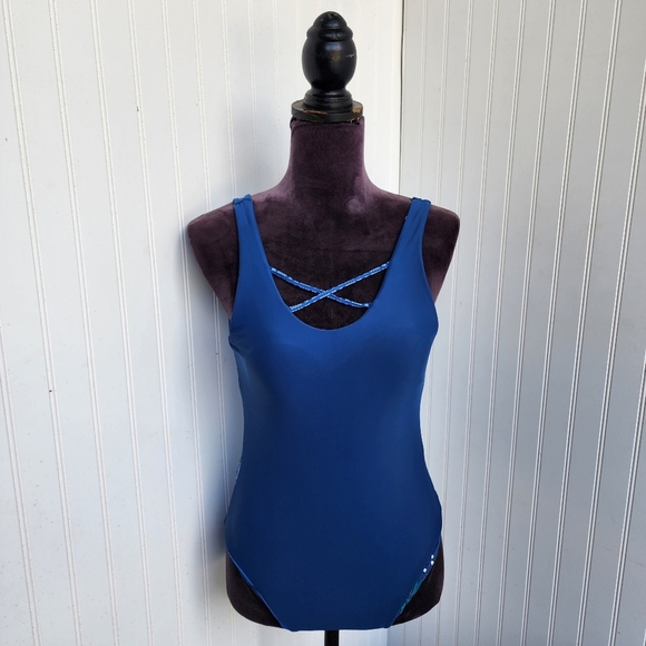 NWOT One Piece Swimsuit Navy Floral Scoop Neck Strappy Straps Lined Cups M - Picture 8 of 14